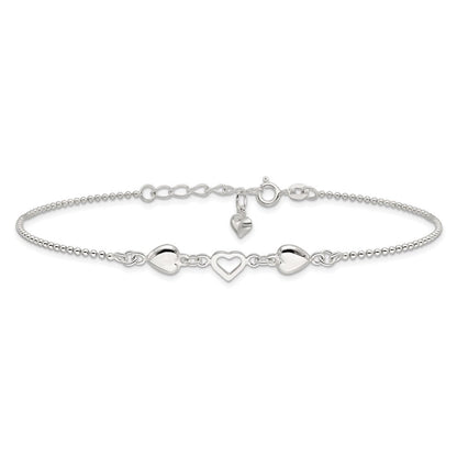 Sterlingsilber 9inch Plus 1 Zoll Verlängerung Poliert Herzen Fußkettchen
