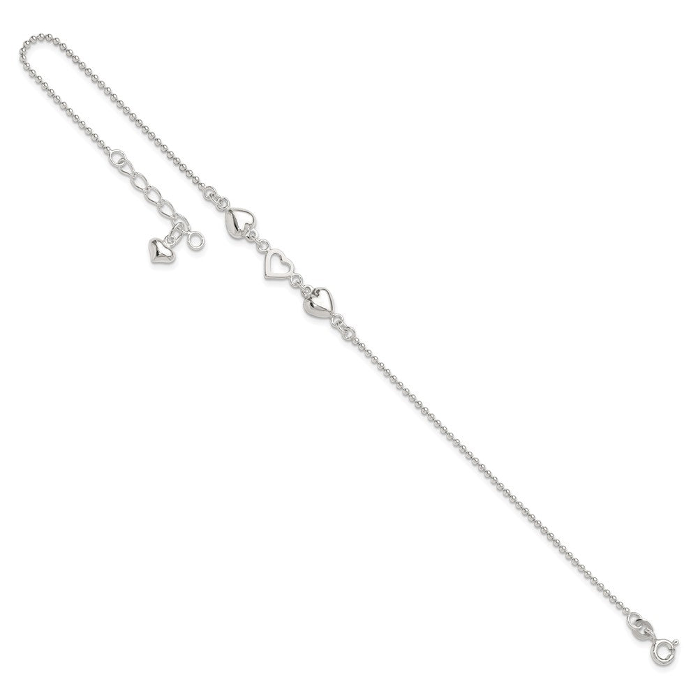 Sterlingsilber 9inch Plus 1 Zoll Verlängerung Poliert Herzen Fußkettchen