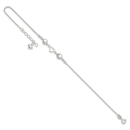Sterlingsilber 9inch Plus 1 Zoll Verlängerung Poliert Herzen Fußkettchen