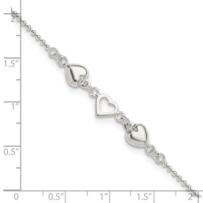 Sterlingsilber 9inch Plus 1 Zoll Verlängerung Poliert Herzen Fußkettchen