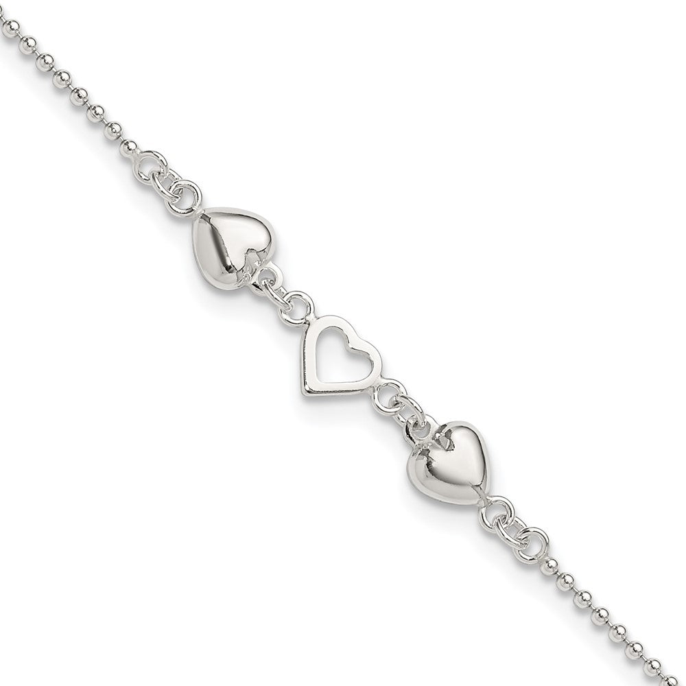 Sterlingsilber 9inch Plus 1 Zoll Verlängerung Poliert Herzen Fußkettchen