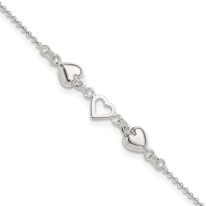 Sterlingsilber 9inch Plus 1 Zoll Verlängerung Poliert Herzen Fußkettchen