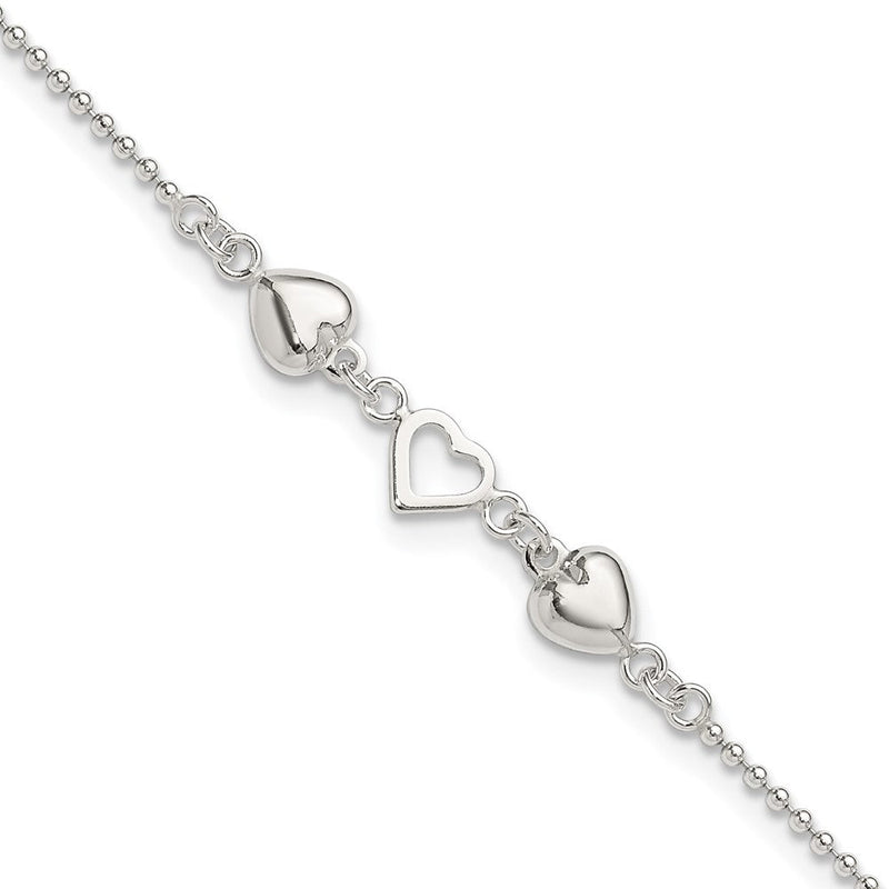 Sterlingsilber 9inch Plus 1 Zoll Verlängerung Poliert Herzen Fußkettchen