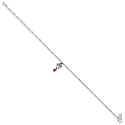 Sterlingsilber Dunkel Rosa Kristall Dangling Antikisiert Herz 9 Zoll Fußkettchen
