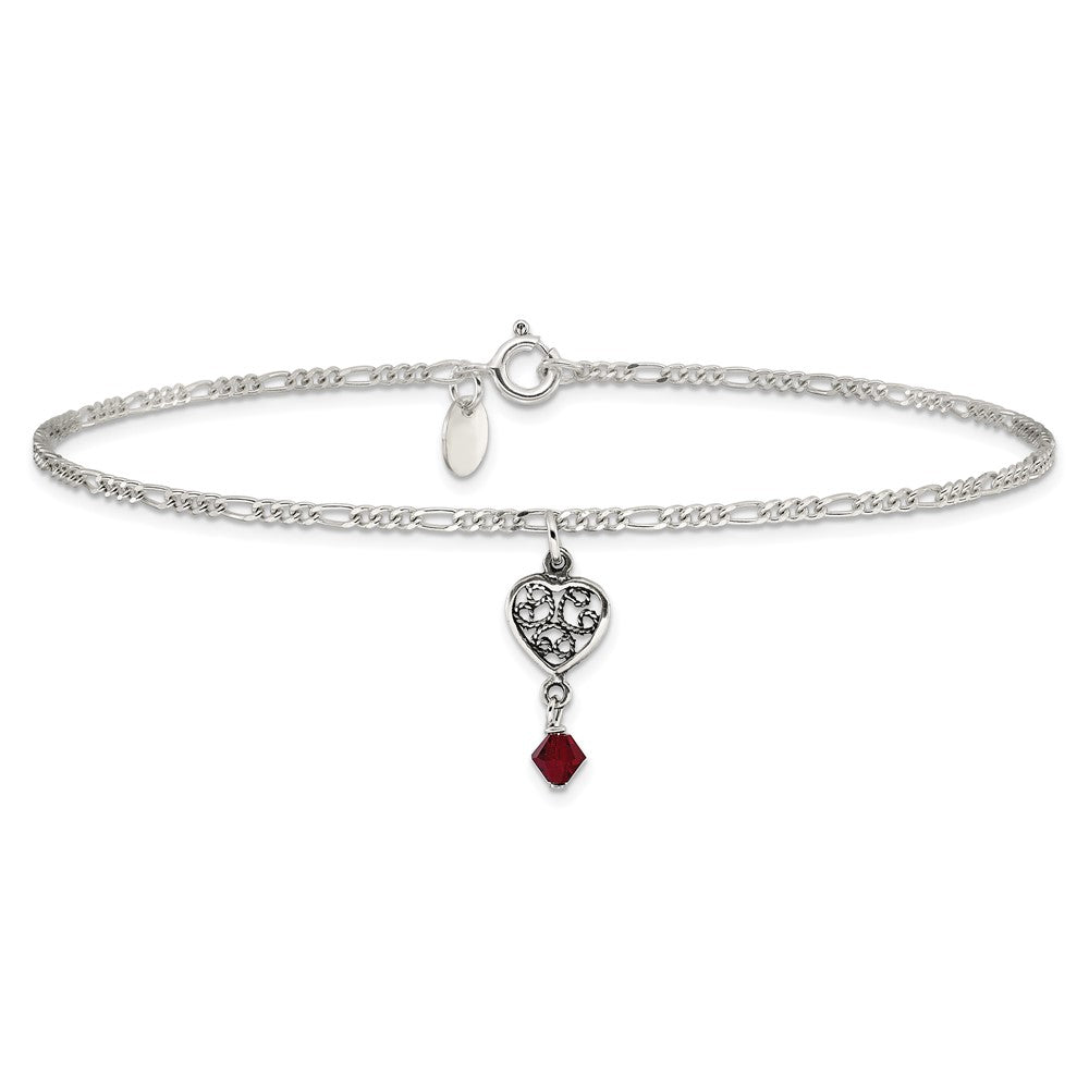 Sterlingsilber Dunkel Rosa Kristall Dangling Antikisiert Herz 9 Zoll Fußkettchen