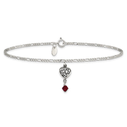 Sterlingsilber Dunkel Rosa Kristall Dangling Antikisiert Herz 9 Zoll Fußkettchen