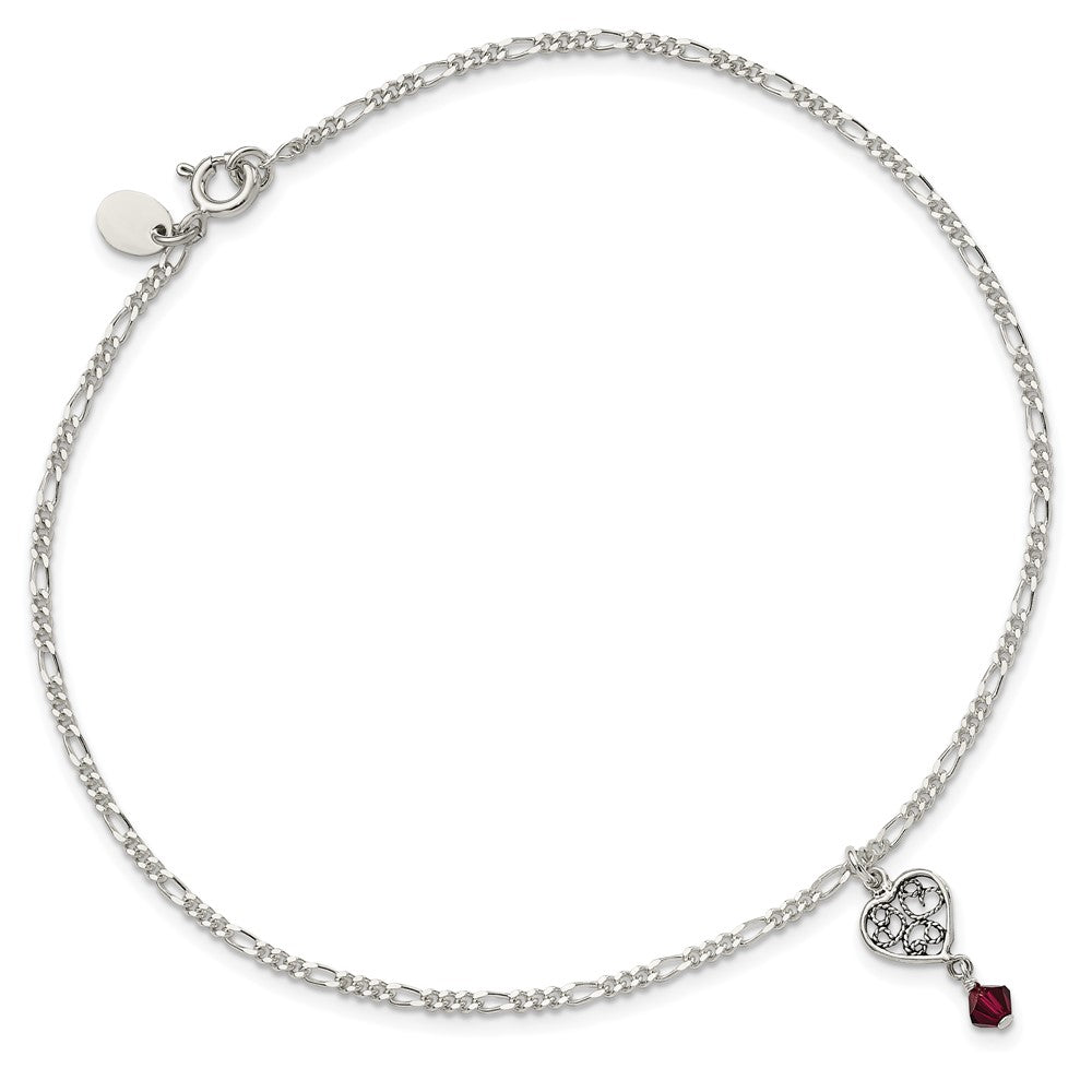 Sterlingsilber Dunkel Rosa Kristall Dangling Antikisiert Herz 10 Zoll Fußkettchen