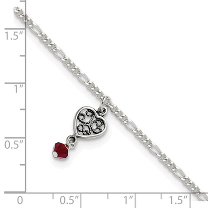 Sterlingsilber Dunkel Rosa Kristall Dangling Antikisiert Herz 10 Zoll Fußkettchen