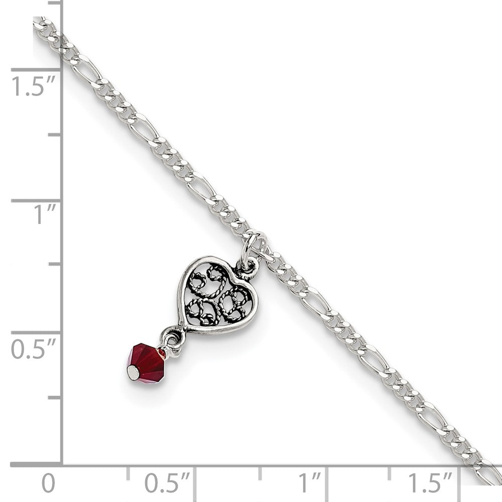 Sterlingsilber Dunkel Rosa Kristall Dangling Antikisiert Herz 9 Zoll Fußkettchen
