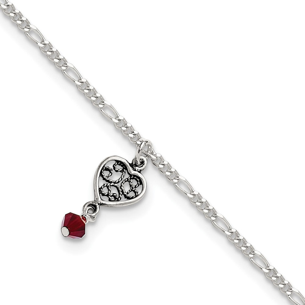 Sterlingsilber Dunkel Rosa Kristall Dangling Antikisiert Herz 10 Zoll Fußkettchen