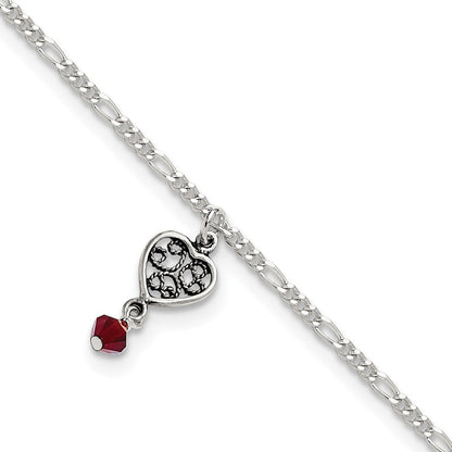 Sterlingsilber Dunkel Rosa Kristall Dangling Antikisiert Herz 10 Zoll Fußkettchen