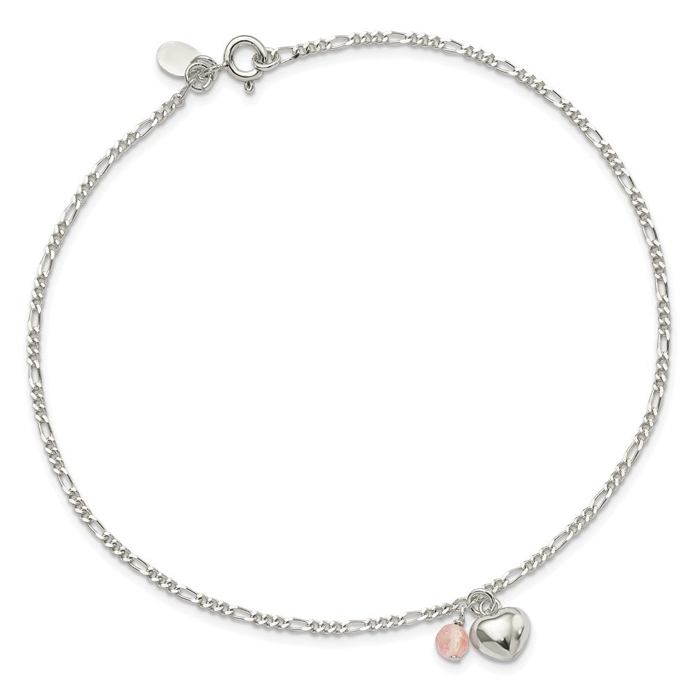 Sterlingsilber Cherry Quarz Dangling Herzen auf Figaro Glieder Fußkettchen