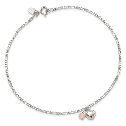 Sterlingsilber Cherry Quarz Dangling Herzen auf Figaro Glieder Fußkettchen