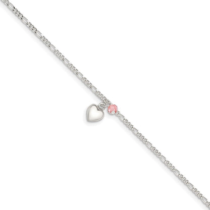 Sterlingsilber Cherry Quarz Dangling Herzen auf Figaro Glieder Fußkettchen