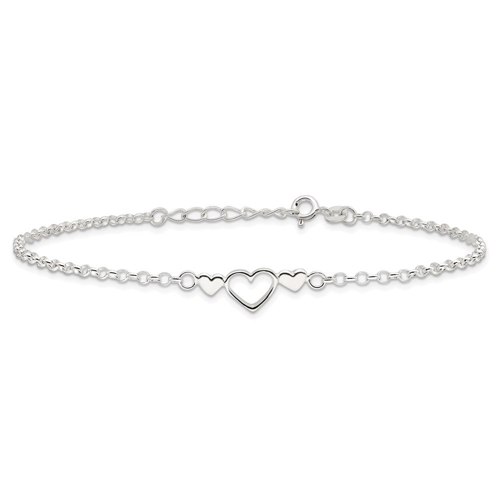 Sterlingsilber 9inch Plus 1 in Verlängerung. Poliert Dreifach Herz Fußkettchen