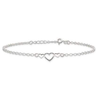 Sterlingsilber 9inch Plus 1 in Verlängerung. Poliert Dreifach Herz Fußkettchen