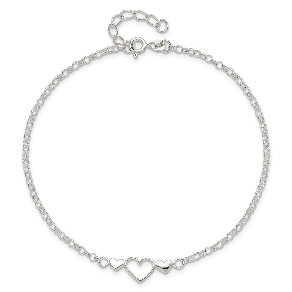Sterlingsilber 9inch Plus 1 in Verlängerung. Poliert Dreifach Herz Fußkettchen