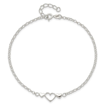 Sterlingsilber 9inch Plus 1 in Verlängerung. Poliert Dreifach Herz Fußkettchen