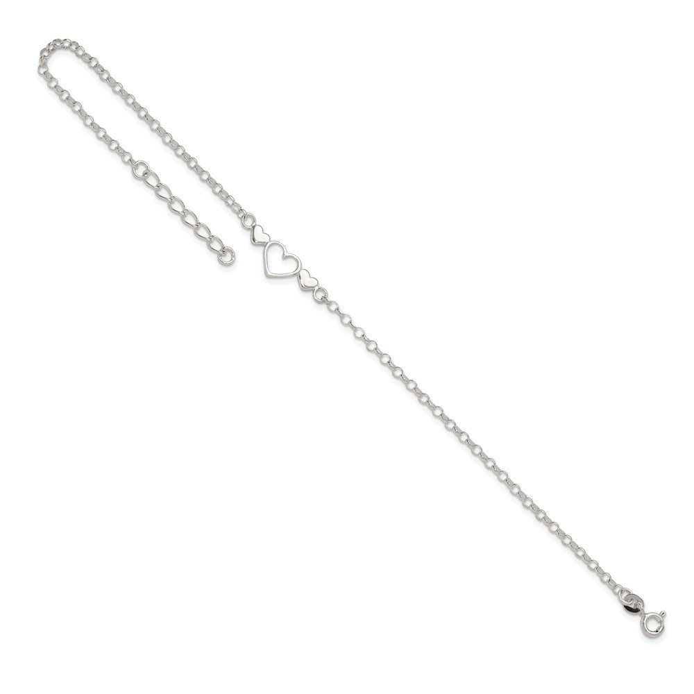 Sterlingsilber 9inch Plus 1 in Verlängerung. Poliert Dreifach Herz Fußkettchen