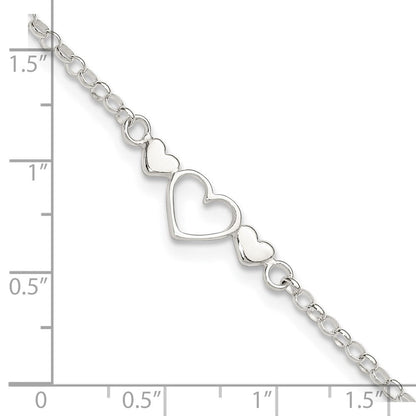 Sterlingsilber 9inch Plus 1 in Verlängerung. Poliert Dreifach Herz Fußkettchen