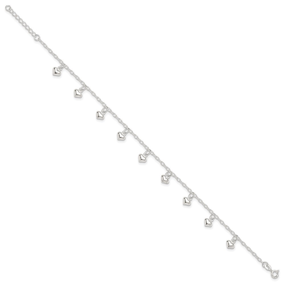 Sterlingsilber 9inch Plus 1 Zoll Verlängerung Poliert Gewölbt Herz Fußkettchen