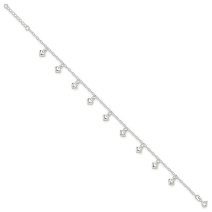 Sterlingsilber 9inch Plus 1 Zoll Verlängerung Poliert Gewölbt Herz Fußkettchen