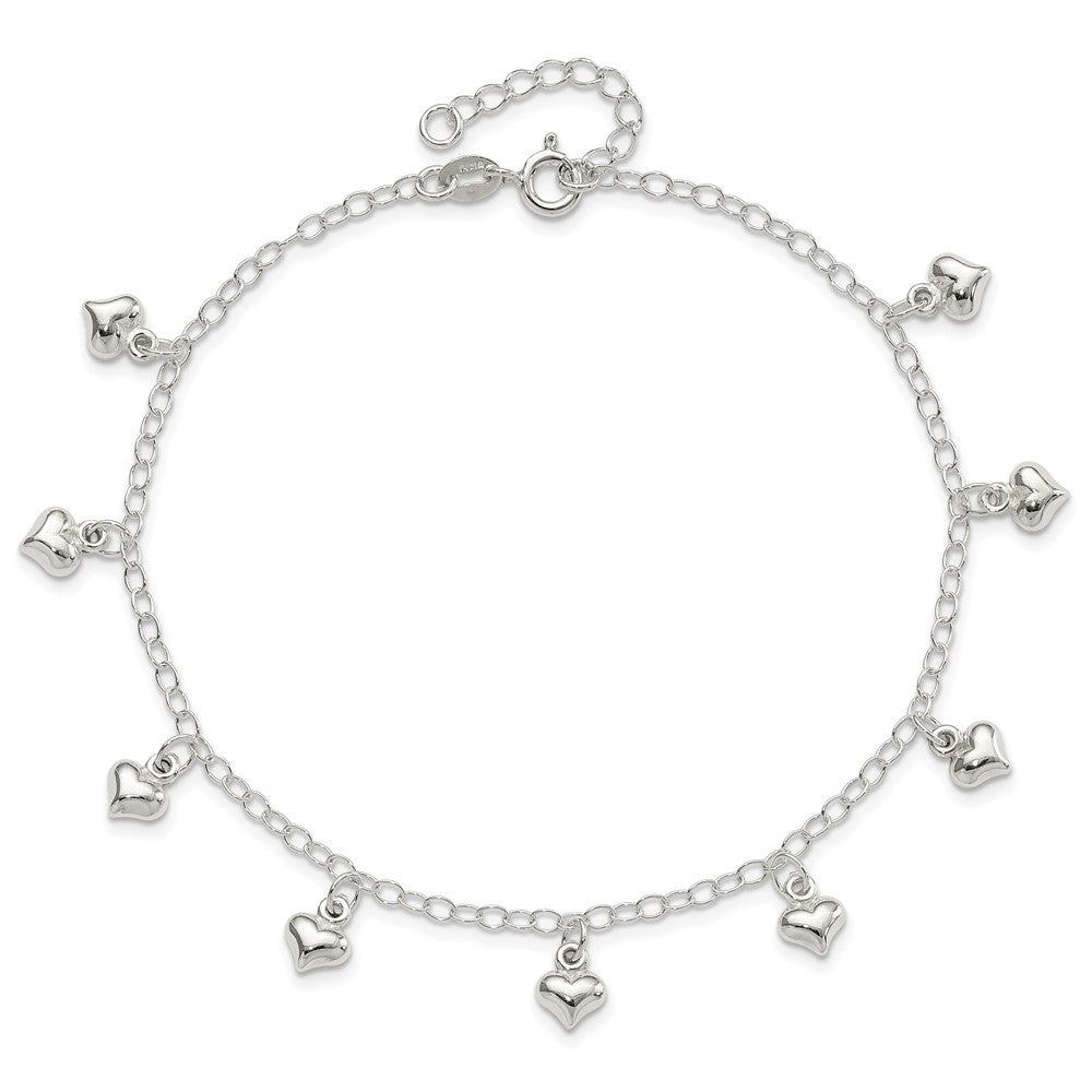 Sterlingsilber 9inch Plus 1 Zoll Verlängerung Poliert Gewölbt Herz Fußkettchen