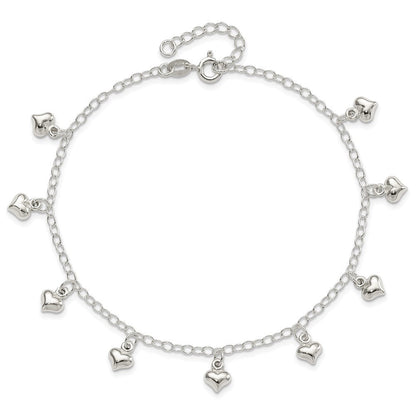 Sterlingsilber 9inch Plus 1 Zoll Verlängerung Poliert Gewölbt Herz Fußkettchen