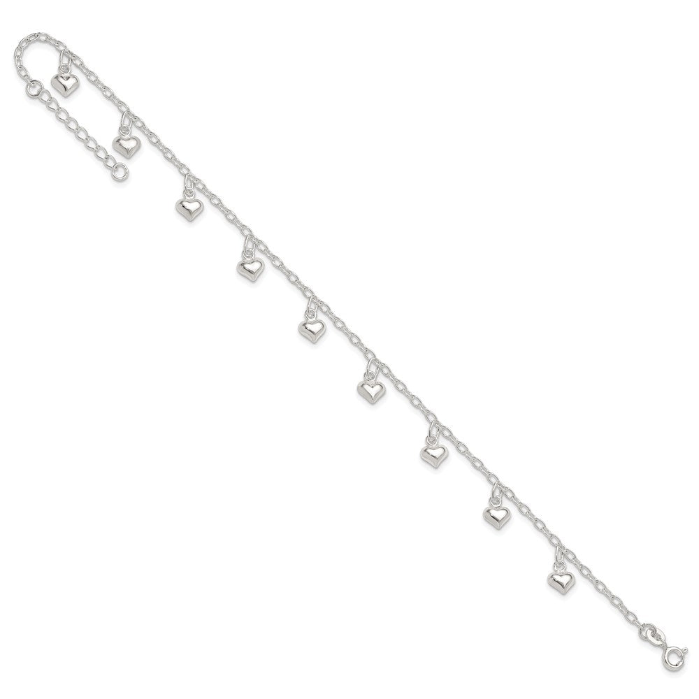 Sterlingsilber 9inch Plus 1 Zoll Verlängerung Poliert Gewölbt Herz Fußkettchen