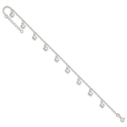 Sterlingsilber 9inch Plus 1 Zoll Verlängerung Poliert Gewölbt Herz Fußkettchen
