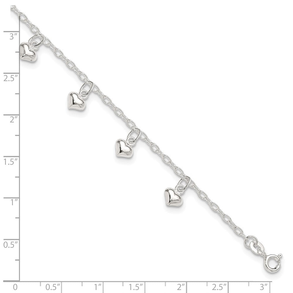 Sterlingsilber 9inch Plus 1 Zoll Verlängerung Poliert Gewölbt Herz Fußkettchen