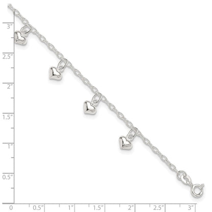 Sterlingsilber 9inch Plus 1 Zoll Verlängerung Poliert Gewölbt Herz Fußkettchen