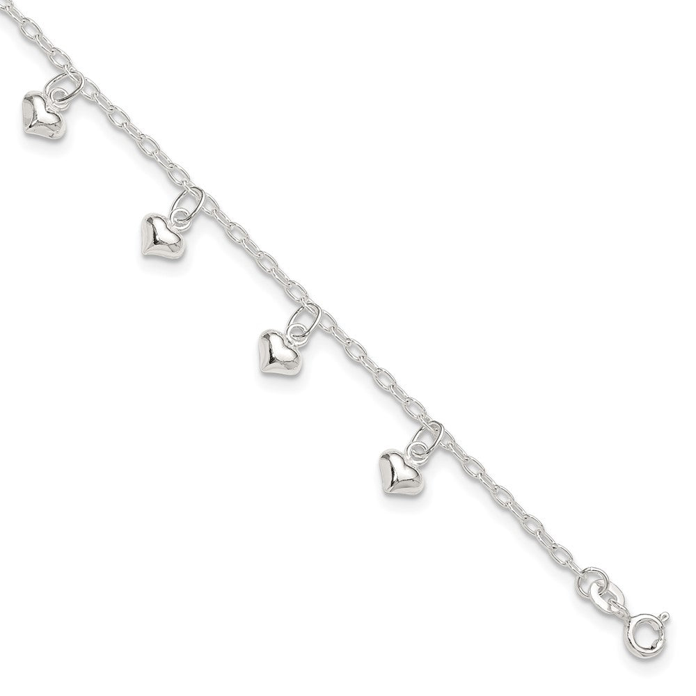 Sterlingsilber 9inch Plus 1 Zoll Verlängerung Poliert Gewölbt Herz Fußkettchen
