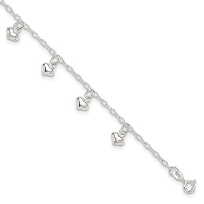 Sterlingsilber 9inch Plus 1 Zoll Verlängerung Poliert Gewölbt Herz Fußkettchen