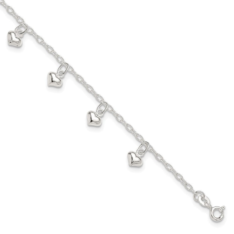 Sterlingsilber 9inch Plus 1 Zoll Verlängerung Poliert Gewölbt Herz Fußkettchen