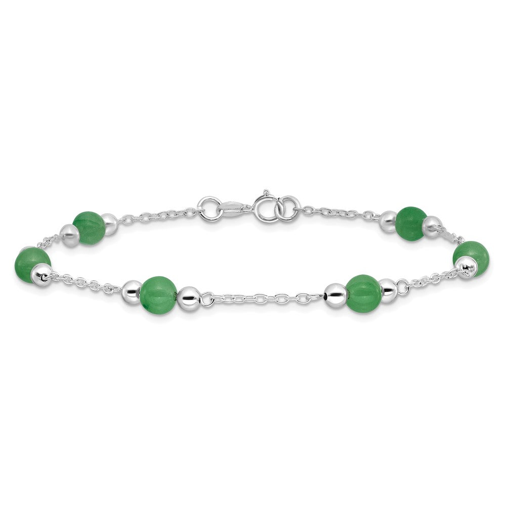 Sterlingsilber Rhodiniert 9inch Poliert Grün Jade Fußkettchen