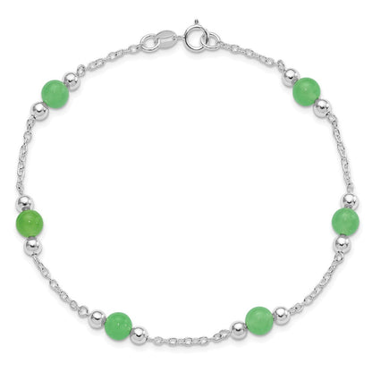 Sterlingsilber Rhodiniert 9inch Poliert Grün Jade Fußkettchen