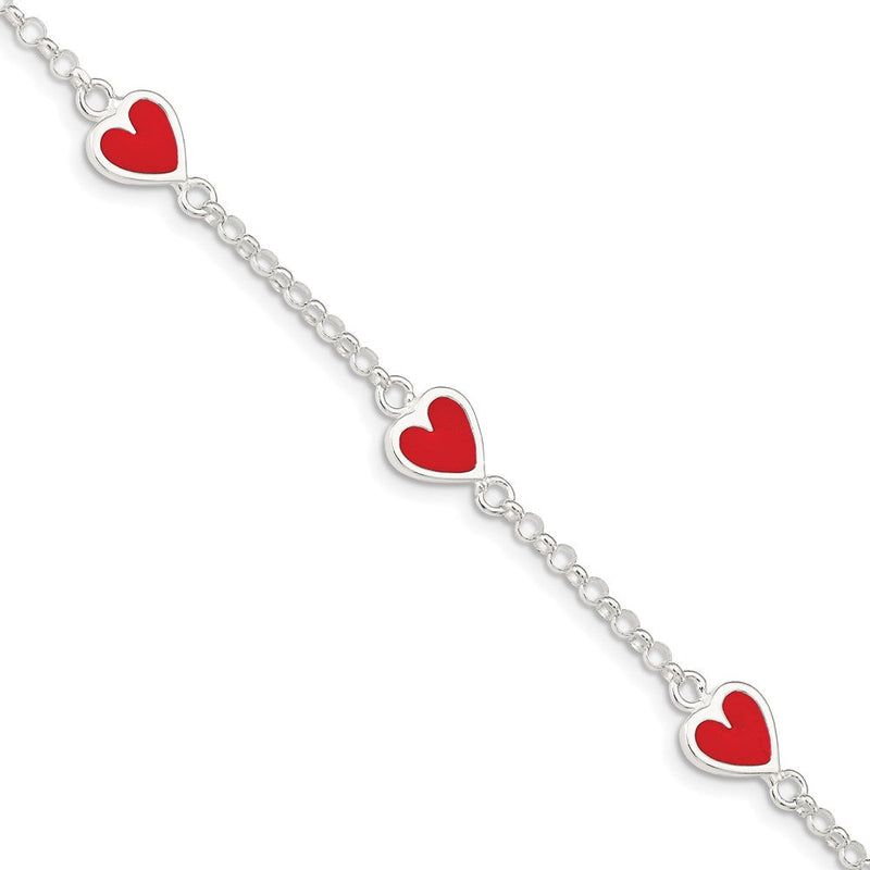 6 Zoll Sterlingsilber Poliert & Rot Emaille Herz mit 1 Zoll Verlängerung Kinder Armband