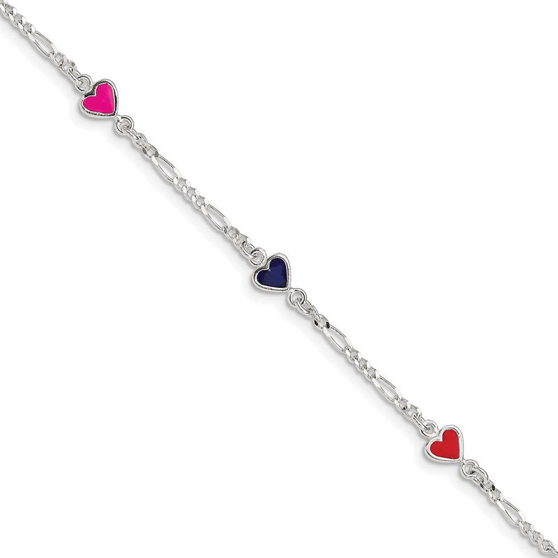 6 Zoll Sterlingsilber Poliert & Mehrfarbig Emailliert Herzen mit 1 Verlängerung Kinder Armband