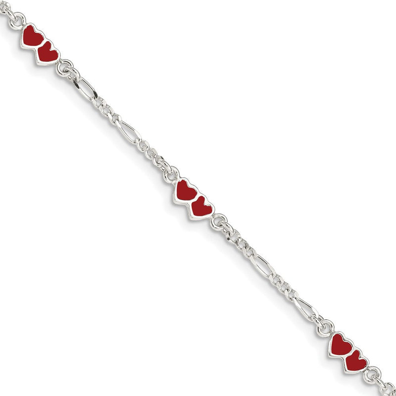 6 Zoll Sterlingsilber Poliert & Mehrfarbig Emailliert Doppelt Herz mit 1 Verlängerung Kinder Armband