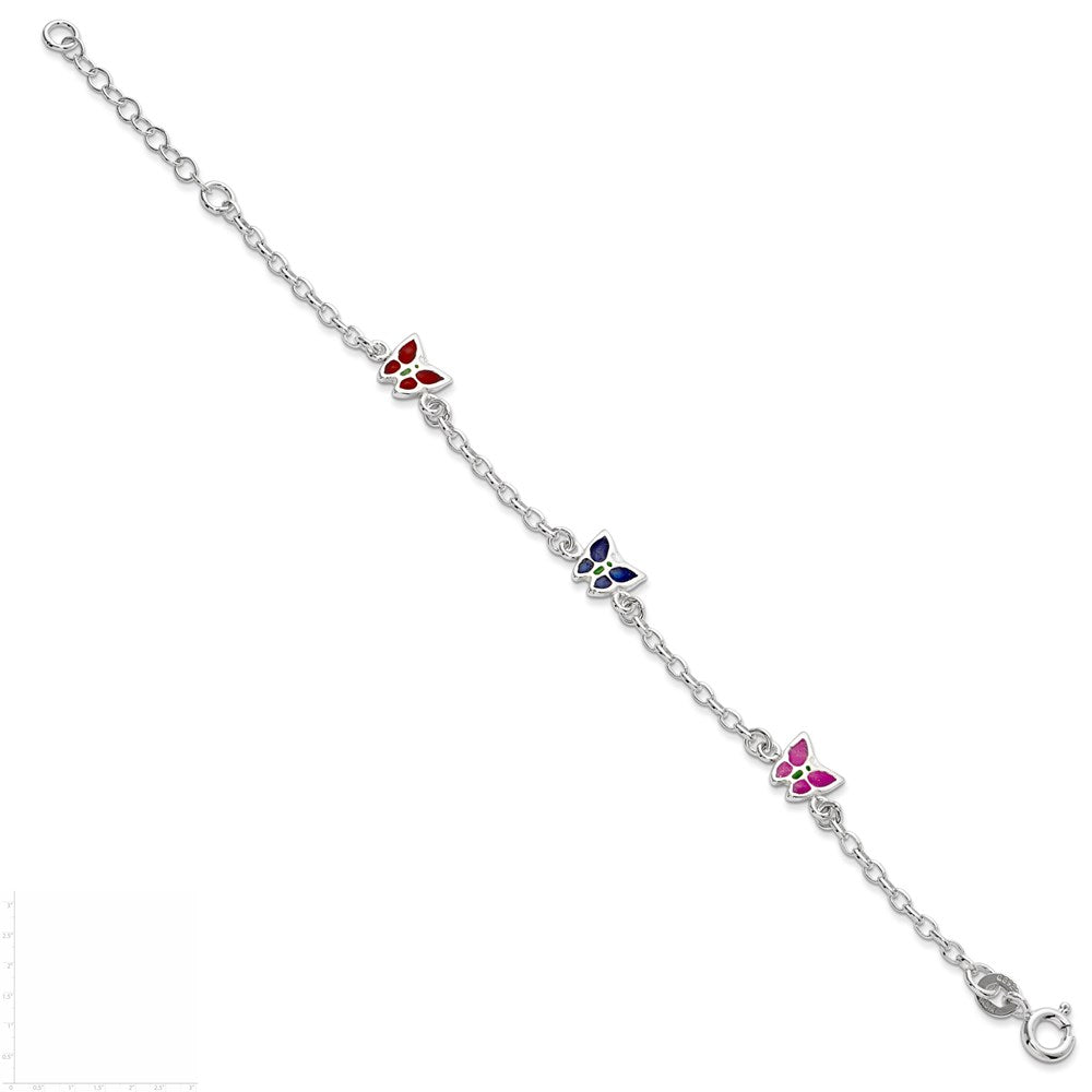 Sterlingsilber Mehrfarbig Emaille Schmetterling mit 1 Zoll Verlängerung. Kinder Bracele