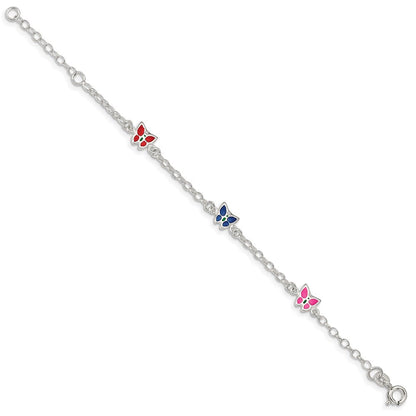 Sterlingsilber Mehrfarbig Emaille Schmetterling mit 1 Zoll Verlängerung. Kinder Bracele