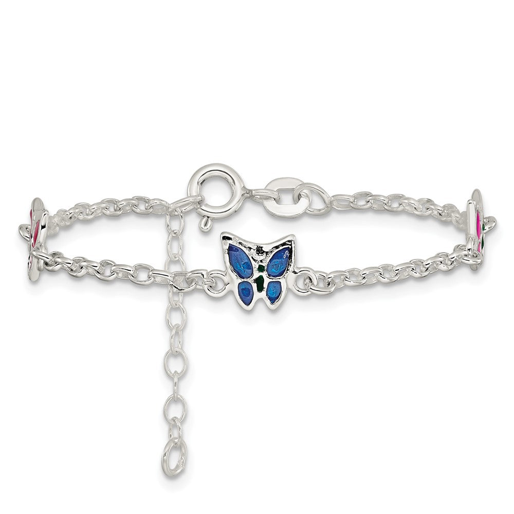 Sterlingsilber Mehrfarbig Emaille Schmetterling mit 1 Zoll Verlängerung. Kinder Bracele