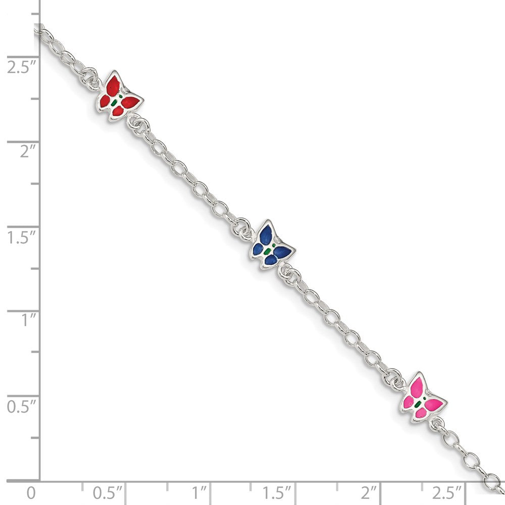 Sterlingsilber Mehrfarbig Emaille Schmetterling mit 1 Zoll Verlängerung. Kinder Bracele