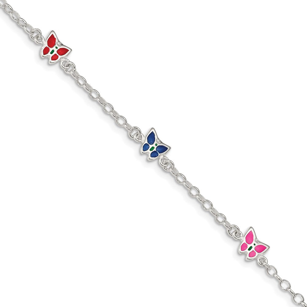 Sterlingsilber Mehrfarbig Emaille Schmetterling mit 1 Zoll Verlängerung. Kinder Bracele