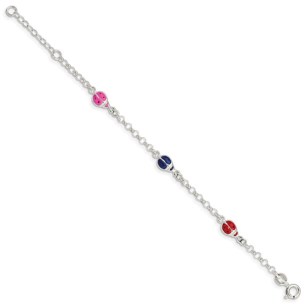 6 Zoll Sterlingsilber Mehrfarbig Emaille Ladybugs mit 1 Zoll Verlängerung. Kinder Armband