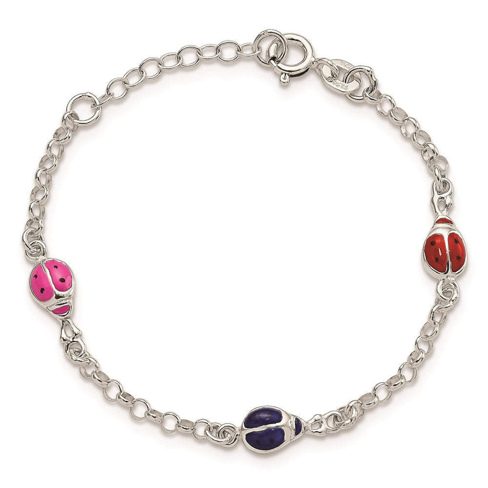 6 Zoll Sterlingsilber Mehrfarbig Emaille Ladybugs mit 1 Zoll Verlängerung. Kinder Armband