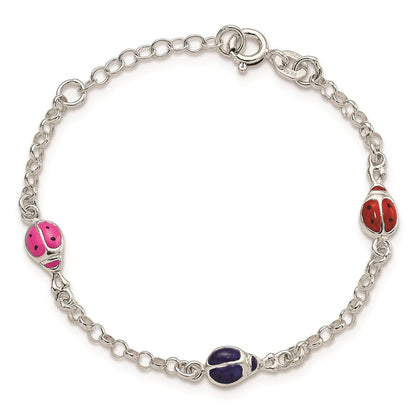 6 Zoll Sterlingsilber Mehrfarbig Emaille Ladybugs mit 1 Zoll Verlängerung. Kinder Armband