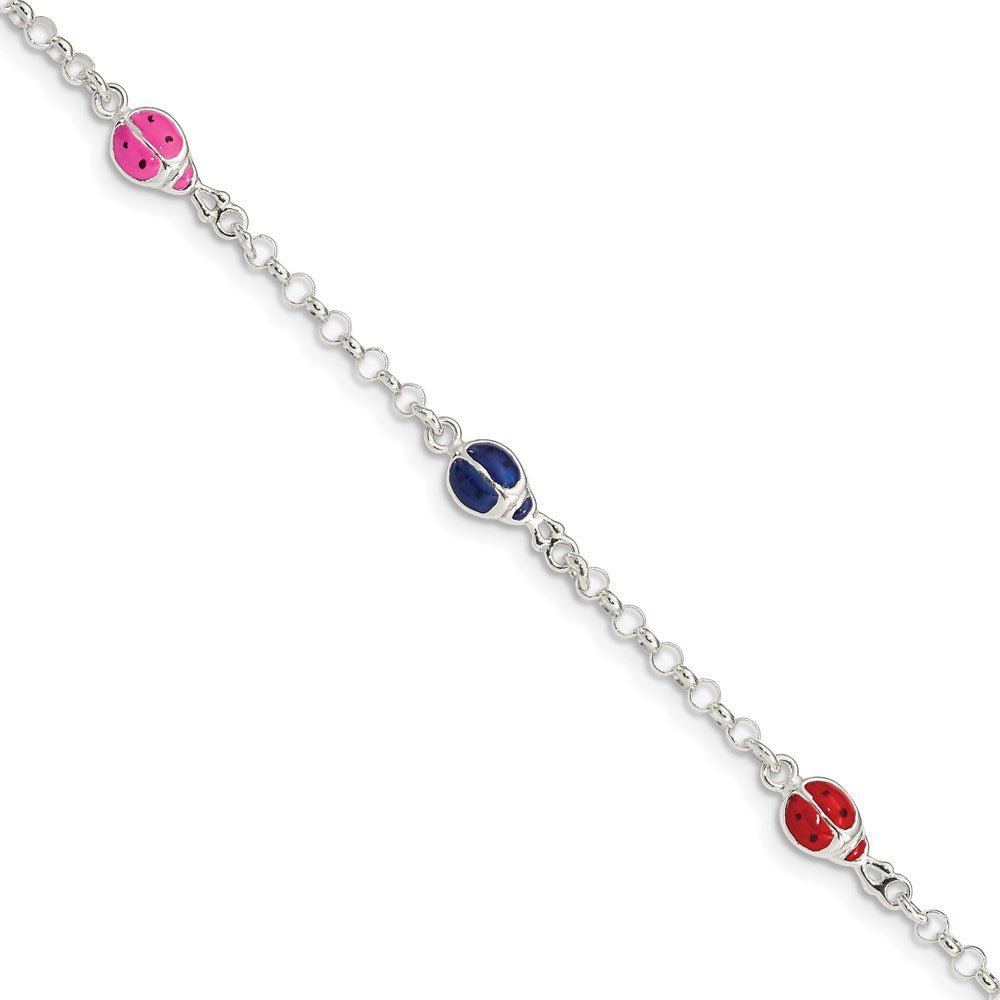 6 Zoll Sterlingsilber Mehrfarbig Emaille Ladybugs mit 1 Zoll Verlängerung. Kinder Armband