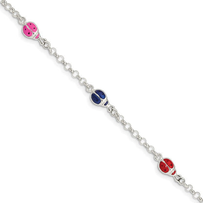 6 Zoll Sterlingsilber Mehrfarbig Emaille Ladybugs mit 1 Zoll Verlängerung. Kinder Armband